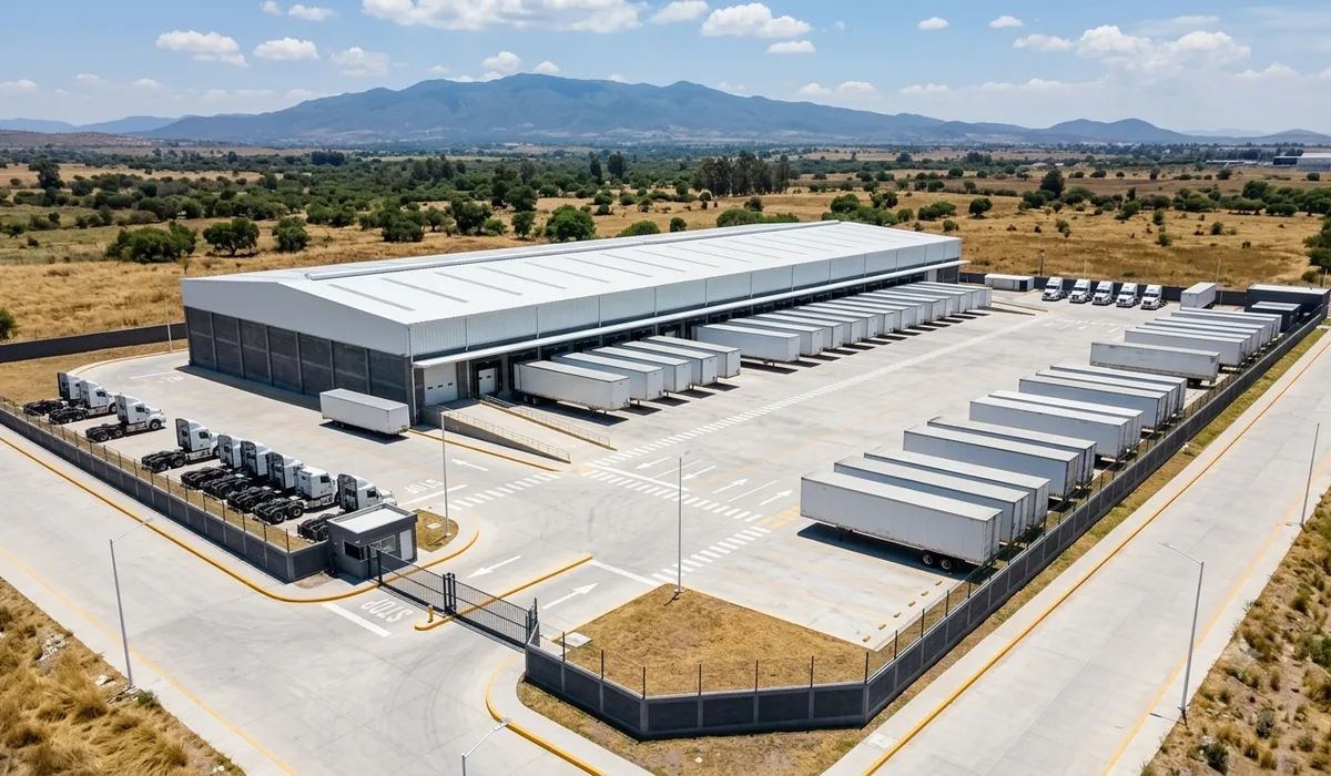 Ilustración de un patio logístico bien diseñado: patio de maniobras, andenes con cajas de 53 pies y zona de staging en un clúster industrial del Bajío.